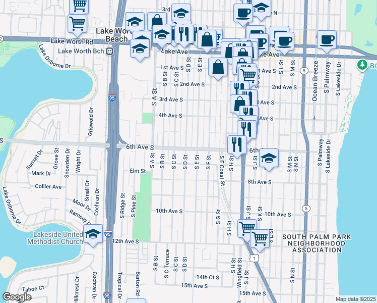 map of restaurants, bars, coffee shops, grocery stores, and more near 606 South D Street in Lake Worth