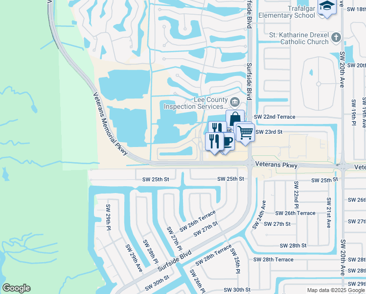 map of restaurants, bars, coffee shops, grocery stores, and more near 2616 Somerville Loop in Cape Coral