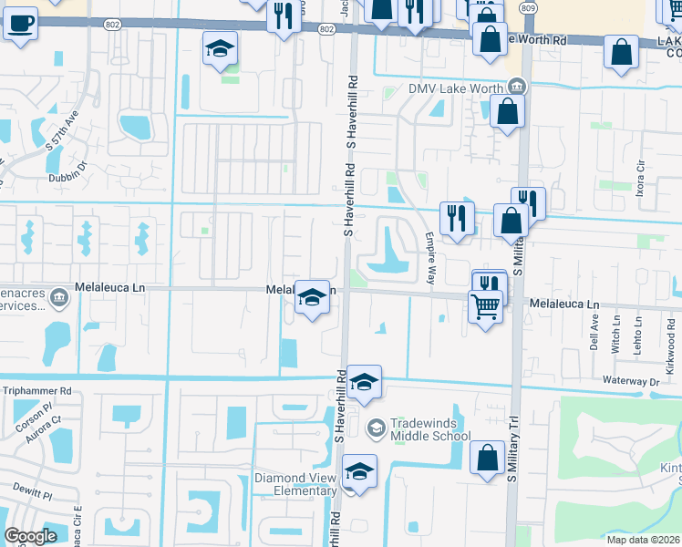 map of restaurants, bars, coffee shops, grocery stores, and more near 229 Leland Lane in Greenacres