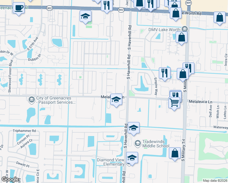 map of restaurants, bars, coffee shops, grocery stores, and more near 108 Baldwin Boulevard in Greenacres