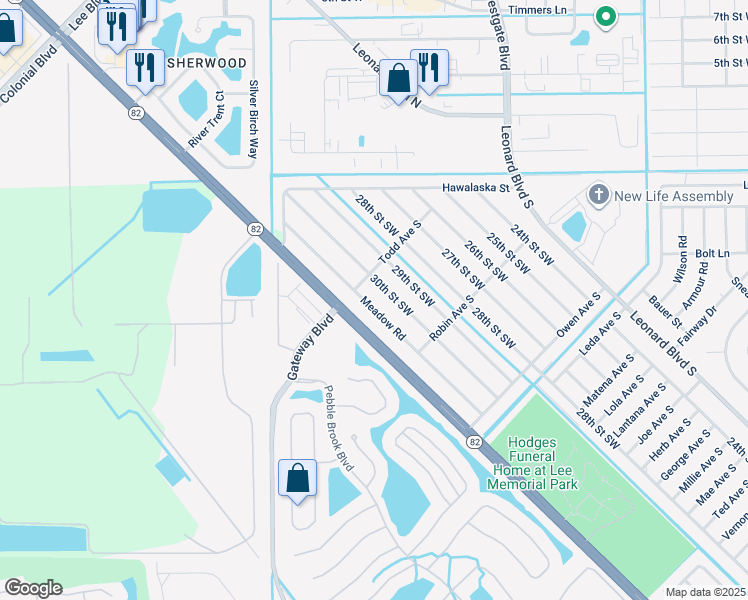 map of restaurants, bars, coffee shops, grocery stores, and more near 161 Meadow Road in Lehigh Acres