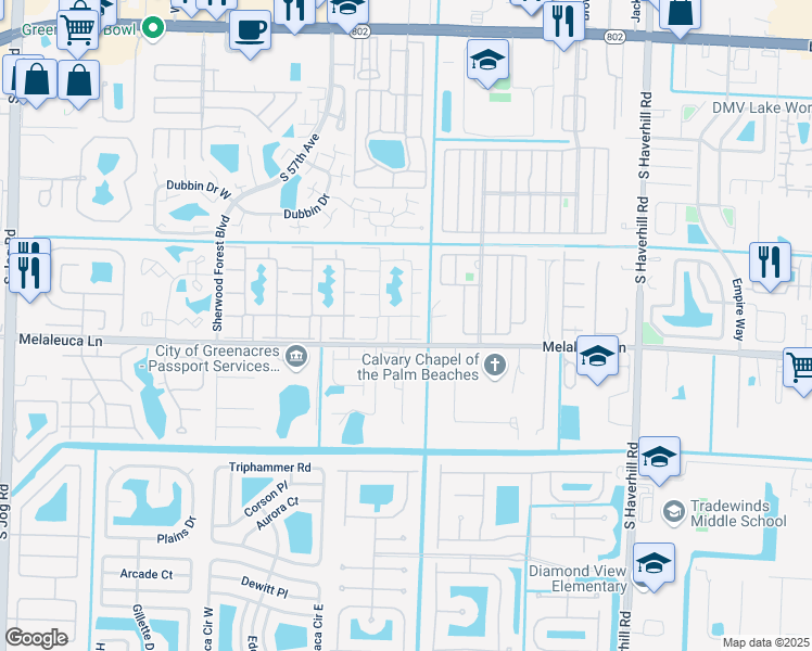 map of restaurants, bars, coffee shops, grocery stores, and more near 301 Knotty Pine Circle in Greenacres