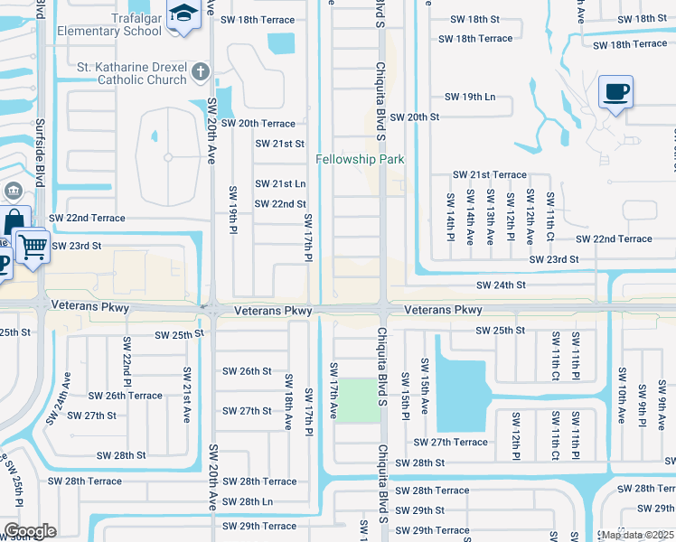 map of restaurants, bars, coffee shops, grocery stores, and more near 1631 Southwest 23rd Terrace in Cape Coral