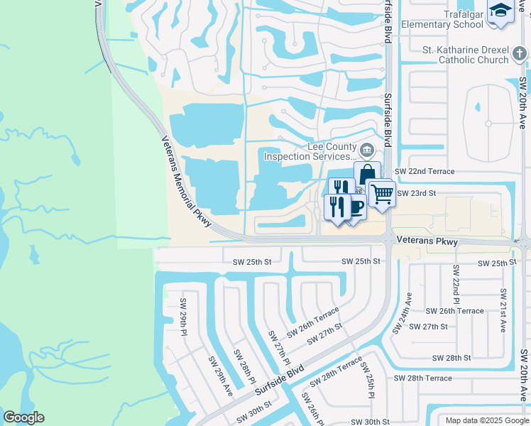 map of restaurants, bars, coffee shops, grocery stores, and more near 601 Somerville Loop in Cape Coral