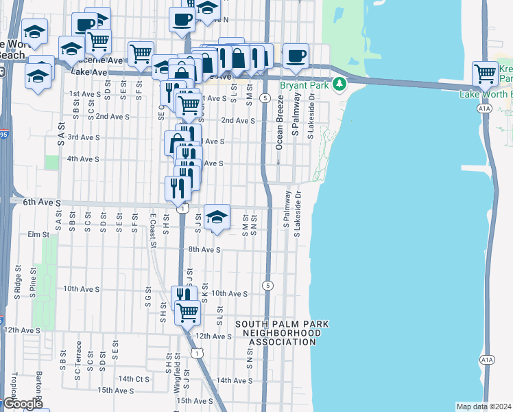 map of restaurants, bars, coffee shops, grocery stores, and more near 416 6th Avenue South in Lake Worth