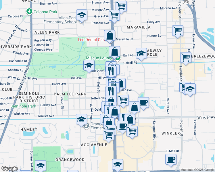 map of restaurants, bars, coffee shops, grocery stores, and more near 1950 Grove Avenue in Fort Myers