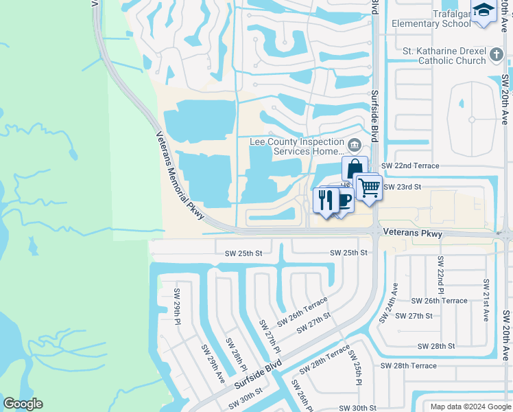 map of restaurants, bars, coffee shops, grocery stores, and more near 601 Somerville Loop in Cape Coral
