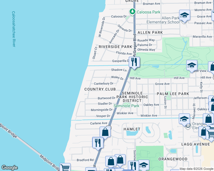 map of restaurants, bars, coffee shops, grocery stores, and more near 1310 Canterbury Dr in Fort Myers