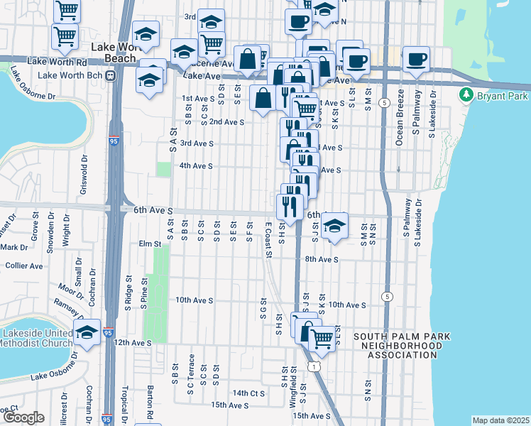 map of restaurants, bars, coffee shops, grocery stores, and more near 1100 6th Avenue South in Lake Worth