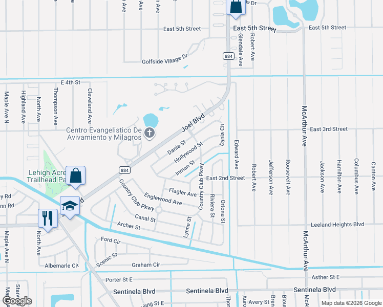 map of restaurants, bars, coffee shops, grocery stores, and more near 316 Hollywood Street in Lehigh Acres
