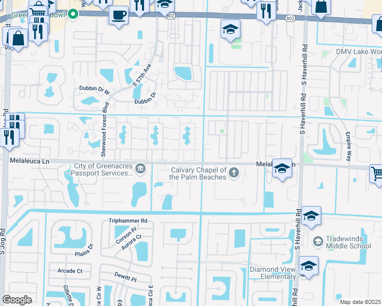 map of restaurants, bars, coffee shops, grocery stores, and more near 301 Knotty Pine Circle in Greenacres