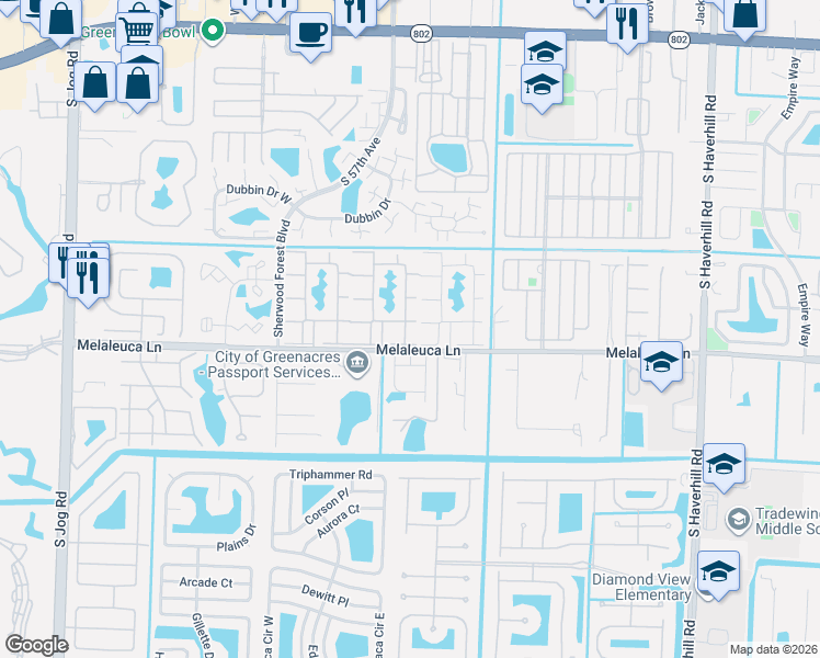 map of restaurants, bars, coffee shops, grocery stores, and more near 339 Melaleuca Lane in Greenacres