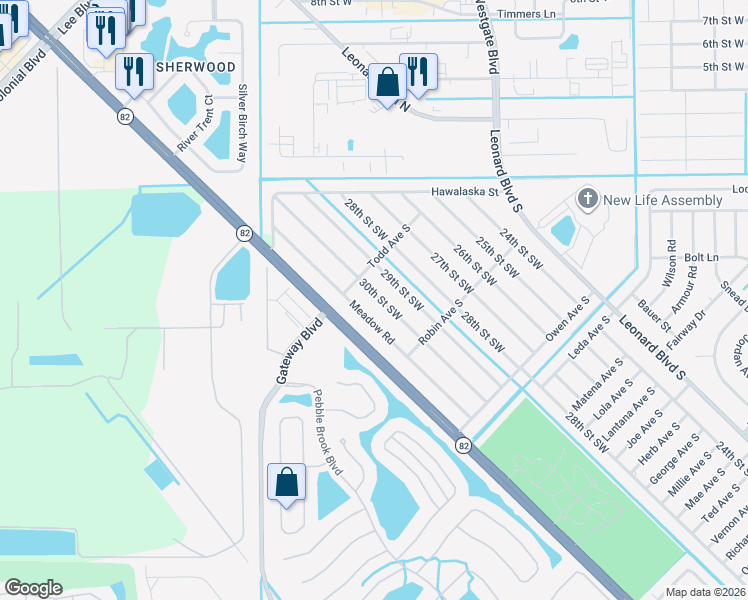 map of restaurants, bars, coffee shops, grocery stores, and more near 161 Meadow Road in Lehigh Acres
