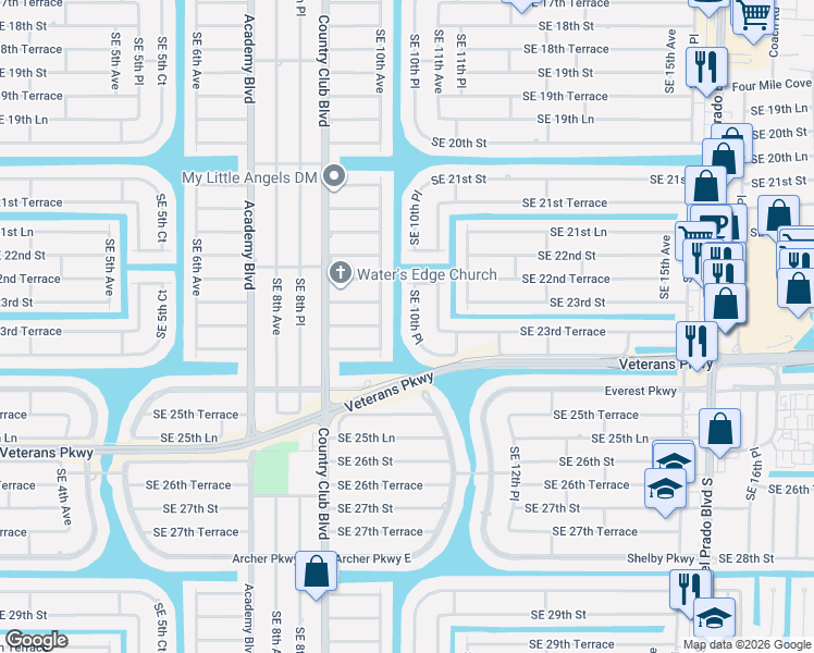 map of restaurants, bars, coffee shops, grocery stores, and more near 2319 Southeast 10th Avenue in Cape Coral