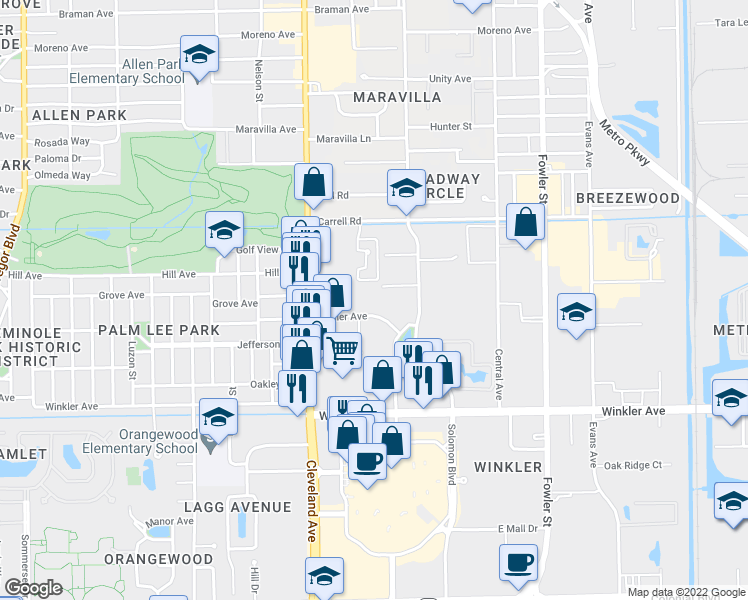 map of restaurants, bars, coffee shops, grocery stores, and more near 3704 Broadway in Fort Myers