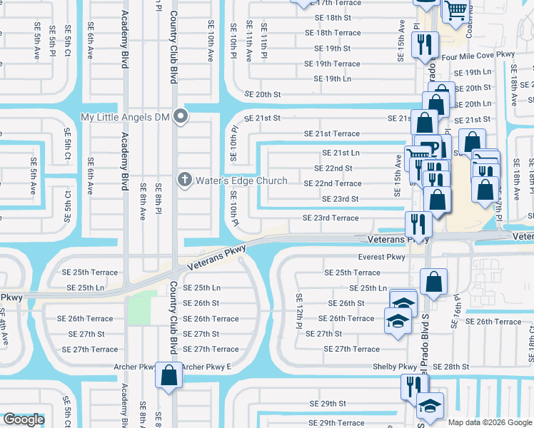 map of restaurants, bars, coffee shops, grocery stores, and more near 1105 Southeast 23rd Terrace in Cape Coral