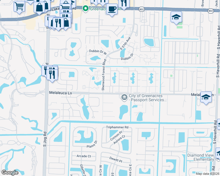 map of restaurants, bars, coffee shops, grocery stores, and more near 106 Lake Pine Circle in Greenacres