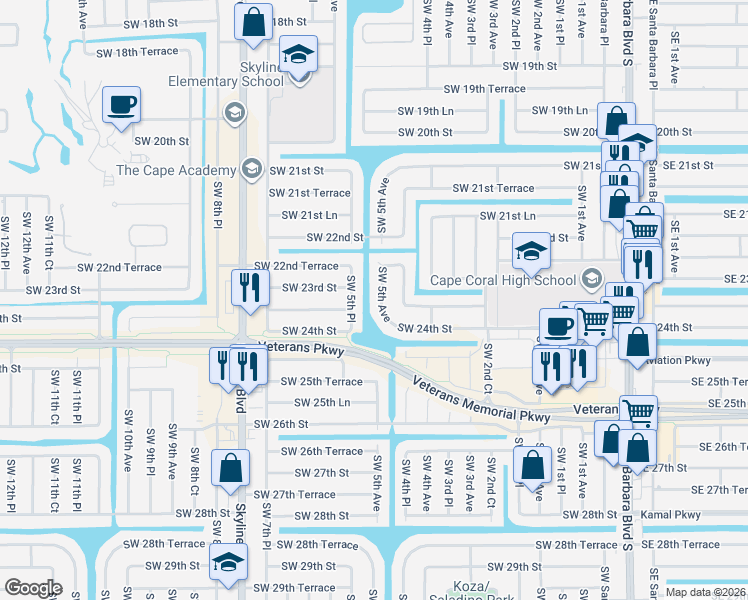 map of restaurants, bars, coffee shops, grocery stores, and more near 2316 Southwest 5th Avenue in Cape Coral
