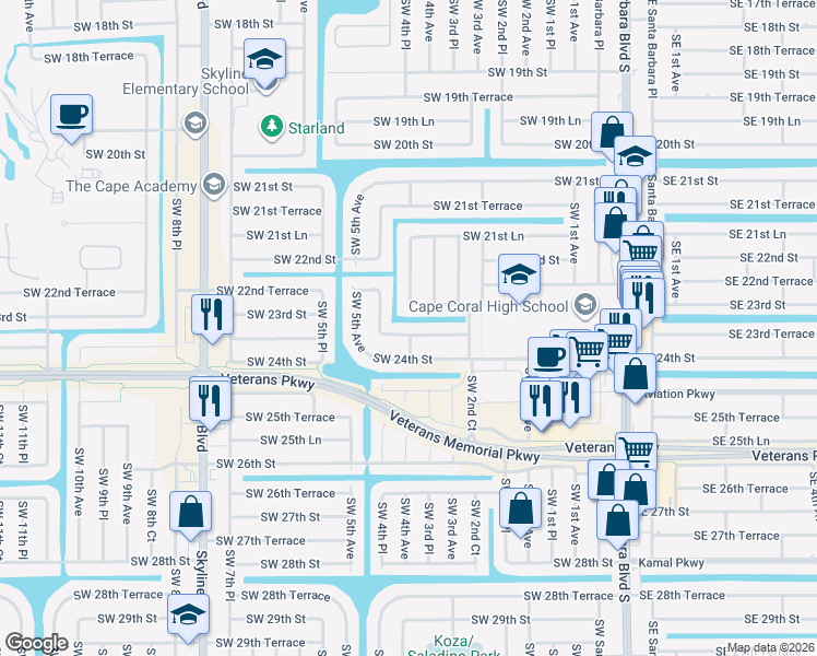 map of restaurants, bars, coffee shops, grocery stores, and more near 341 Southwest 23rd Terrace in Cape Coral