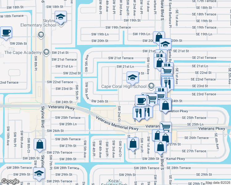 map of restaurants, bars, coffee shops, grocery stores, and more near 247 Southwest 23rd Terrace in Cape Coral