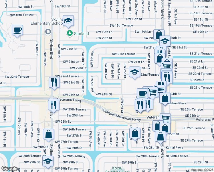 map of restaurants, bars, coffee shops, grocery stores, and more near 341 Southwest 23rd Terrace in Cape Coral