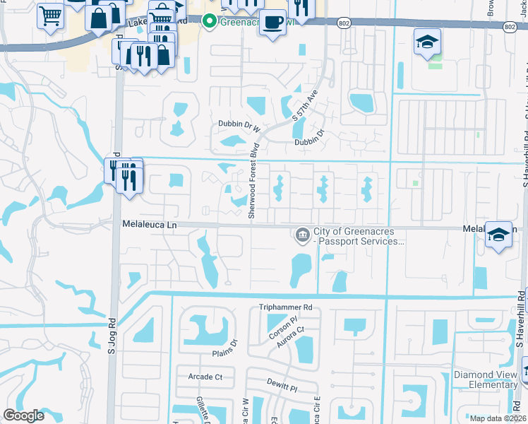 map of restaurants, bars, coffee shops, grocery stores, and more near 101 Pine Boulevard in Greenacres