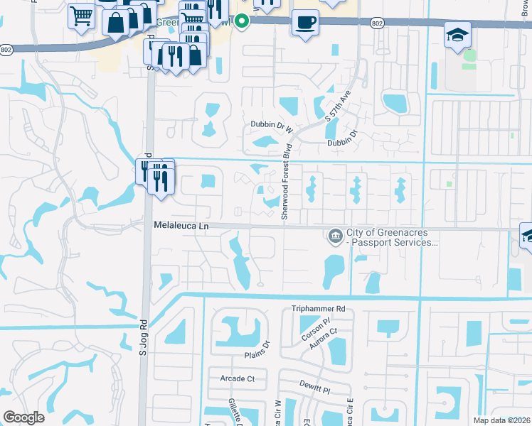 map of restaurants, bars, coffee shops, grocery stores, and more near 4682 Oak Terrace Drive in Greenacres