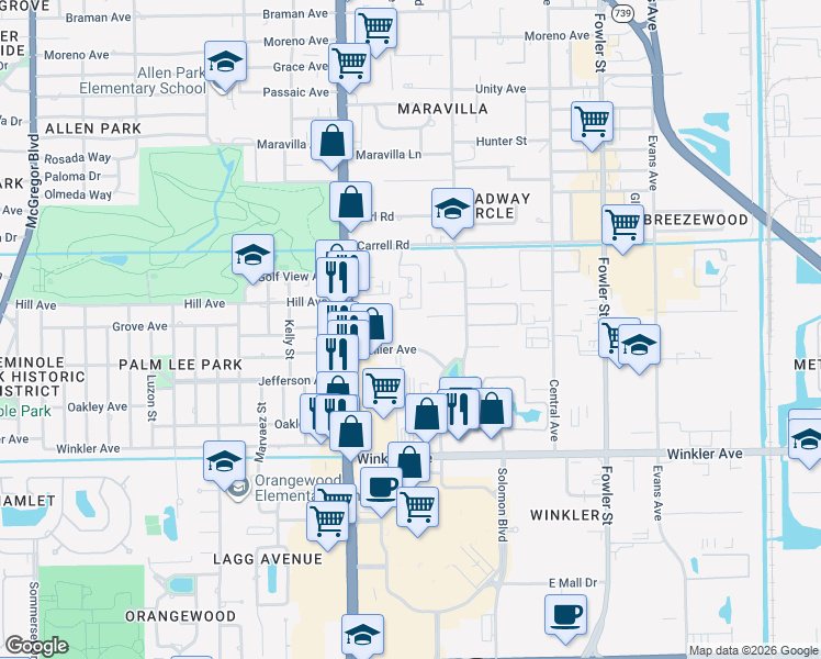 map of restaurants, bars, coffee shops, grocery stores, and more near 2121 Collier Avenue in Fort Myers