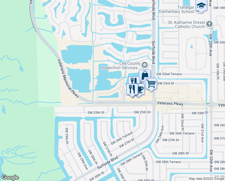 map of restaurants, bars, coffee shops, grocery stores, and more near 2616 Somerville Loop in Cape Coral