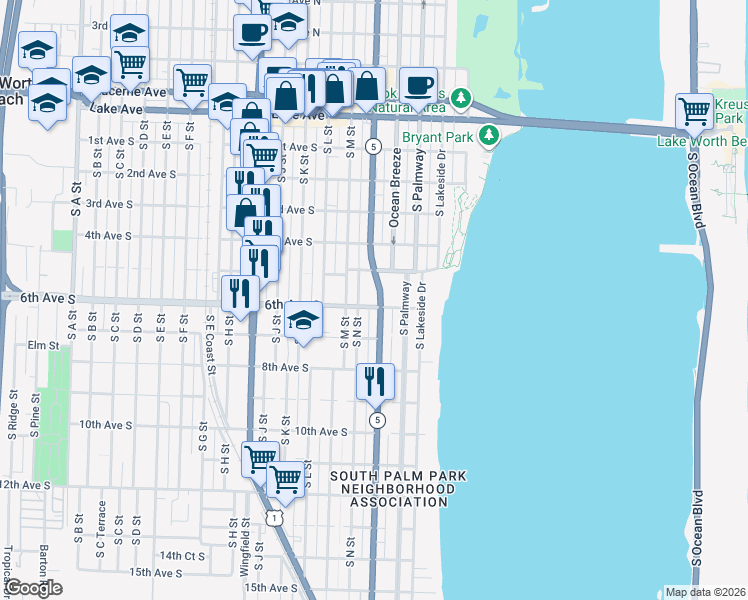 map of restaurants, bars, coffee shops, grocery stores, and more near 600 South Federal Highway in Lake Worth