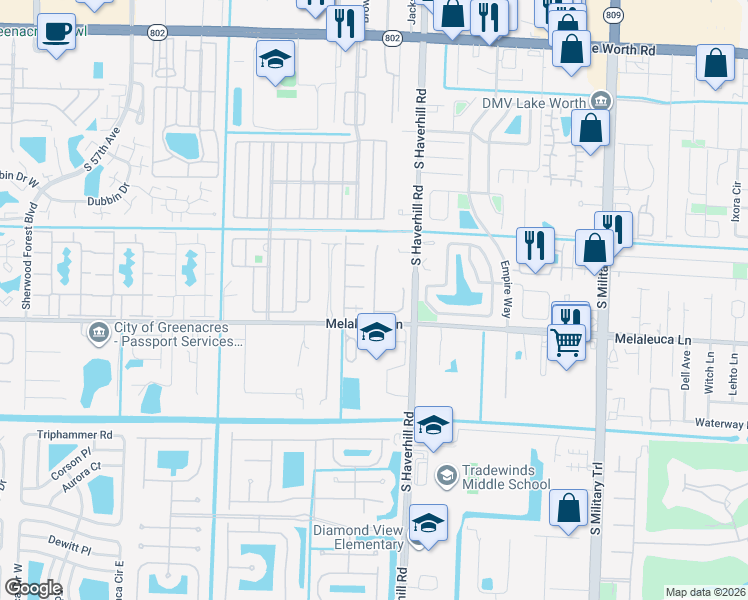 map of restaurants, bars, coffee shops, grocery stores, and more near 108 Baldwin Boulevard in Greenacres