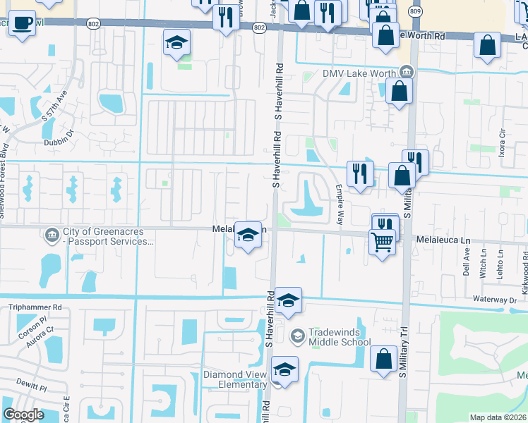 map of restaurants, bars, coffee shops, grocery stores, and more near 234 Leland Lane in Greenacres