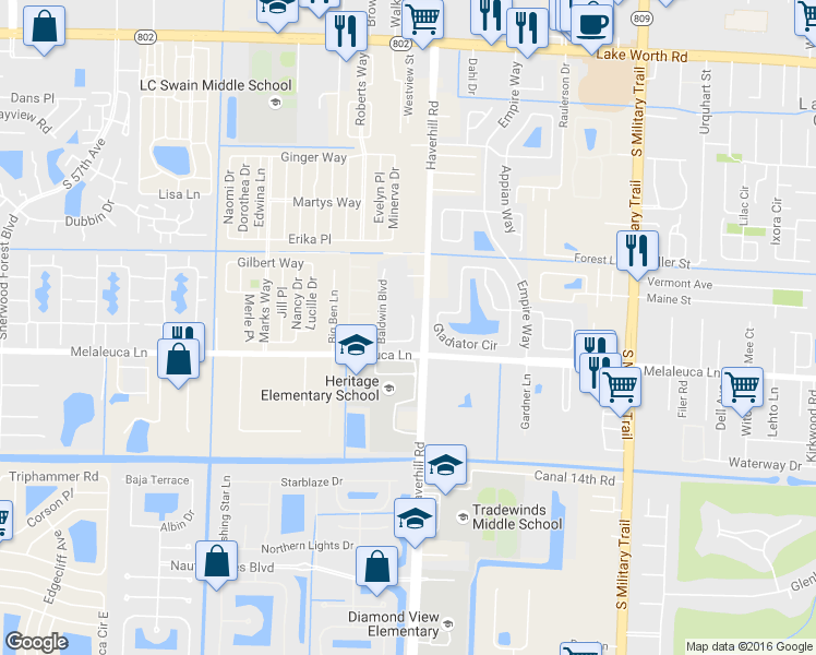 map of restaurants, bars, coffee shops, grocery stores, and more near 234 Leland Lane in Greenacres
