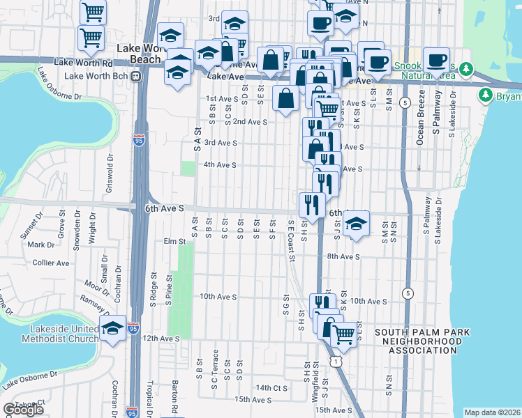 map of restaurants, bars, coffee shops, grocery stores, and more near 1203 6th Avenue South in Lake Worth