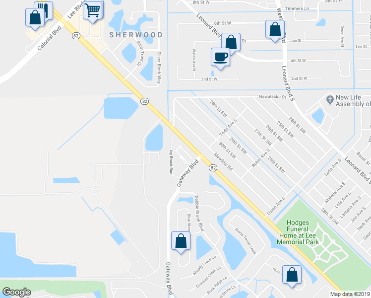 map of restaurants, bars, coffee shops, grocery stores, and more near 12001 Rock Brook Run in Fort Myers