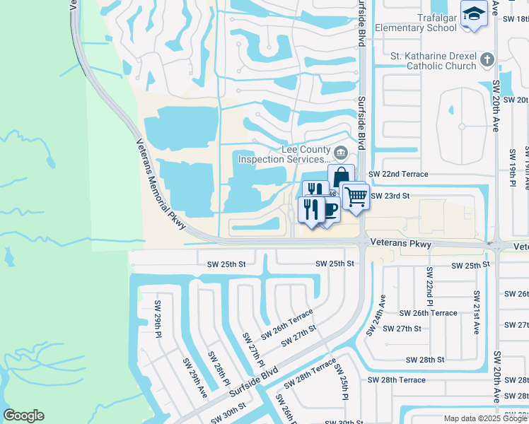 map of restaurants, bars, coffee shops, grocery stores, and more near 2616 Somerville Loop in Cape Coral