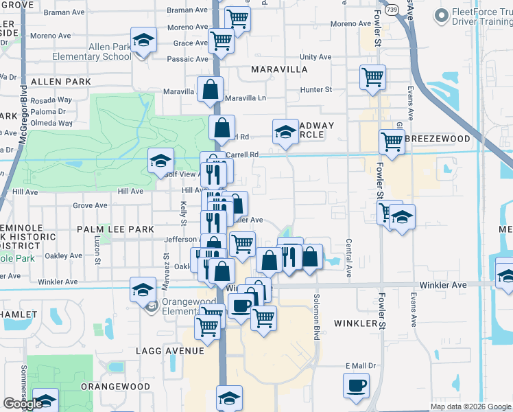 map of restaurants, bars, coffee shops, grocery stores, and more near 2121 Collier Avenue in Fort Myers