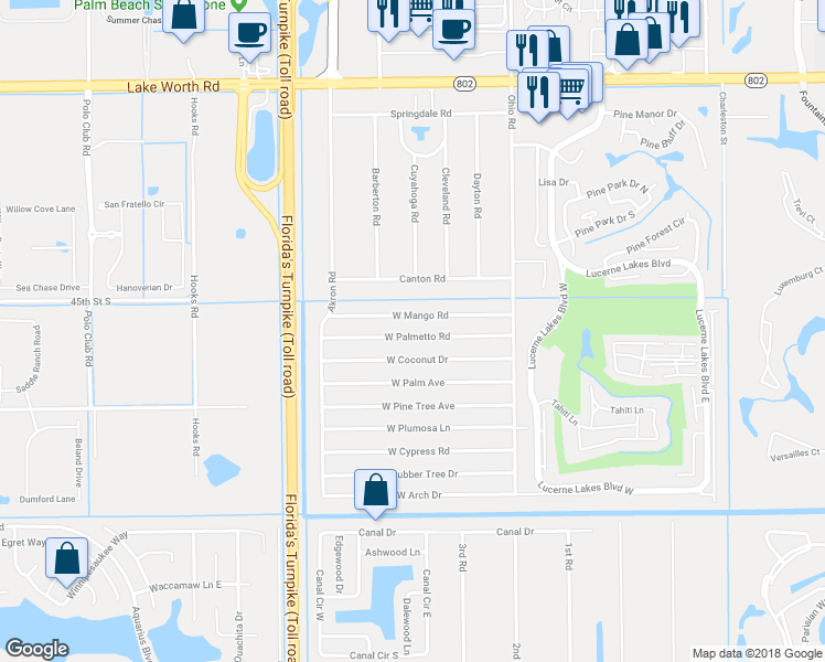 map of restaurants, bars, coffee shops, grocery stores, and more near 74 West Palmetto Road in Lake Worth