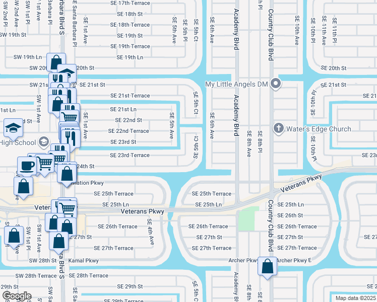map of restaurants, bars, coffee shops, grocery stores, and more near 2314 Southeast 5th Court in Cape Coral