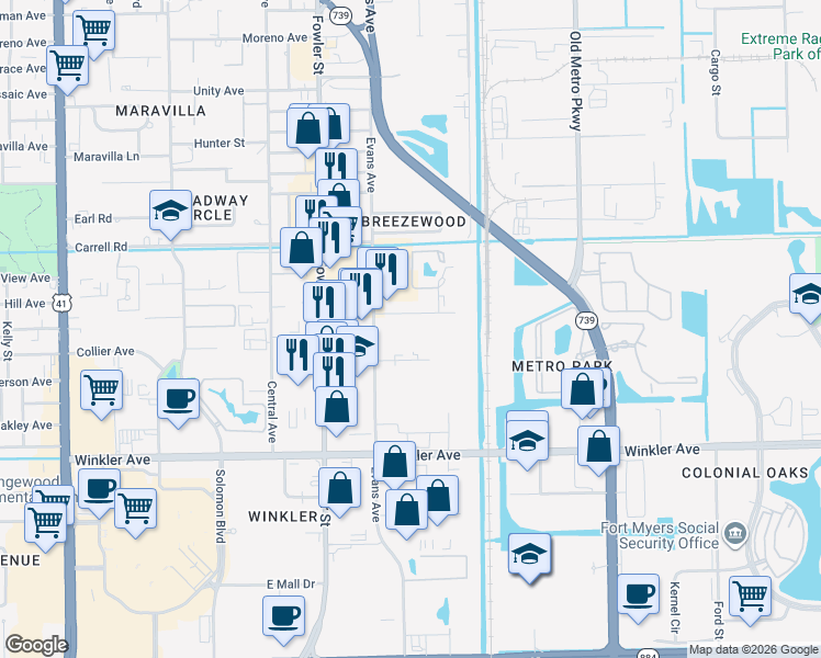 map of restaurants, bars, coffee shops, grocery stores, and more near 2660 Park Windsor Drive in Fort Myers