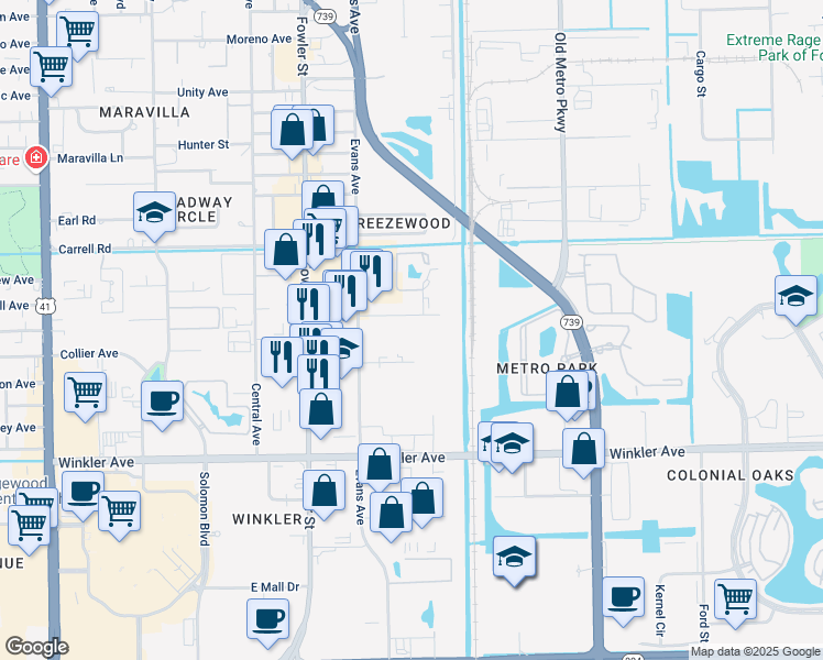 map of restaurants, bars, coffee shops, grocery stores, and more near 2690 Park Windsor Drive in Fort Myers