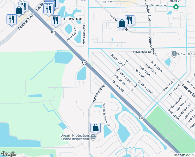 map of restaurants, bars, coffee shops, grocery stores, and more near 12001 Rock Brook Run in Fort Myers