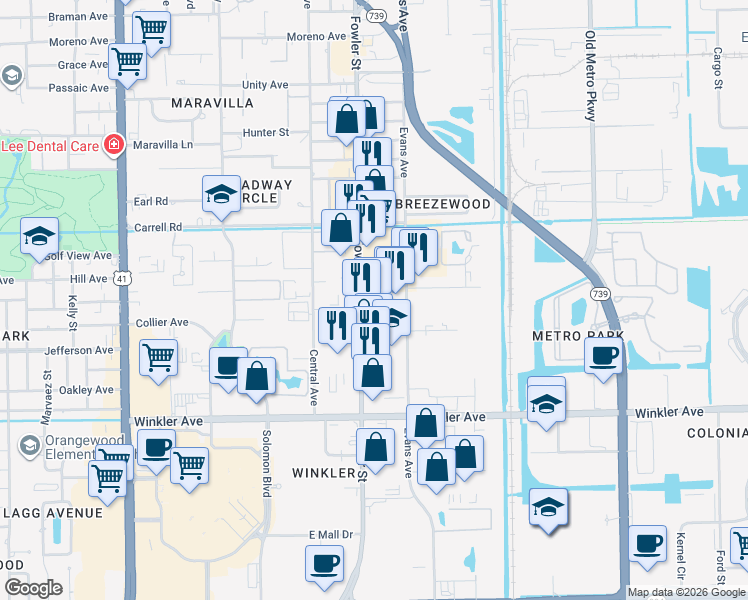 map of restaurants, bars, coffee shops, grocery stores, and more near 3679 Fowler Street in Fort Myers