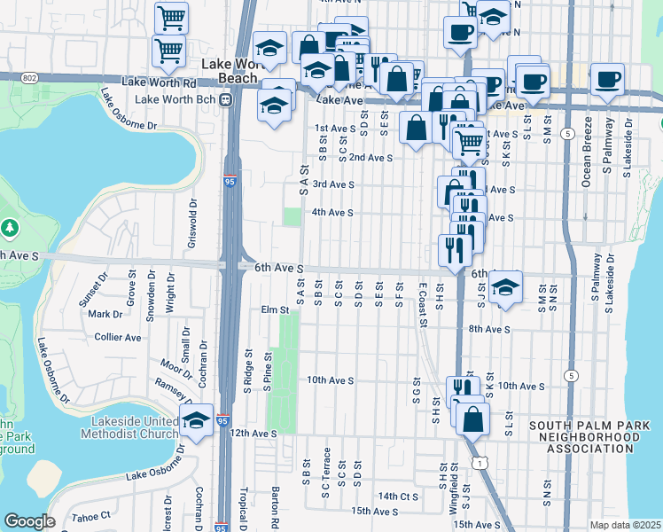 map of restaurants, bars, coffee shops, grocery stores, and more near 607 South C Street in Lake Worth
