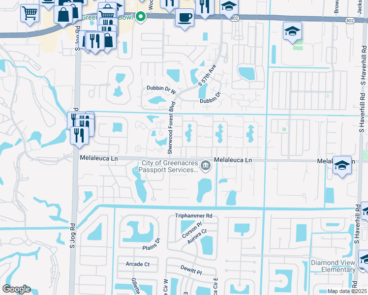 map of restaurants, bars, coffee shops, grocery stores, and more near 101 Pine Boulevard in Greenacres