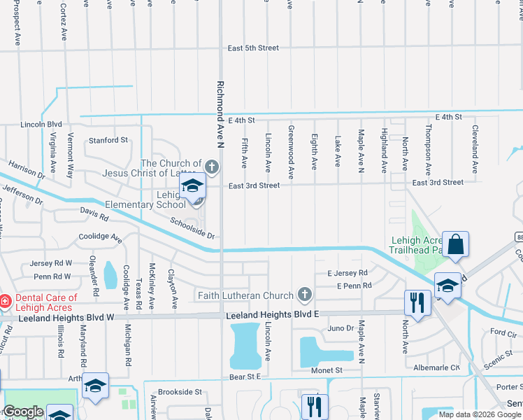 map of restaurants, bars, coffee shops, grocery stores, and more near 211 Lincoln Avenue in Lehigh Acres