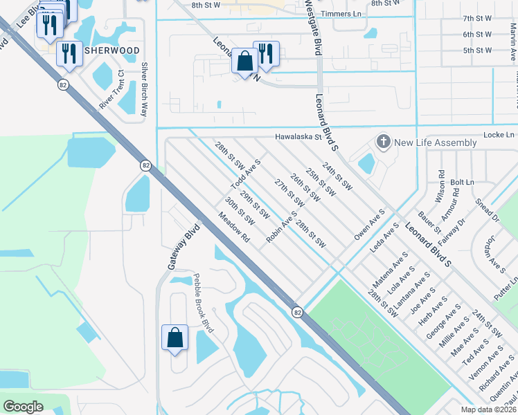 map of restaurants, bars, coffee shops, grocery stores, and more near 5220 30th Street Southwest in Lehigh Acres
