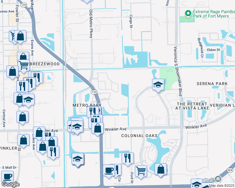map of restaurants, bars, coffee shops, grocery stores, and more near 3717 Metro Parkway in Fort Myers