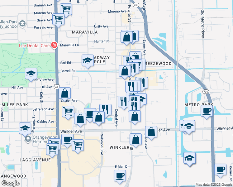 map of restaurants, bars, coffee shops, grocery stores, and more near 3700-3722 Central Avenue in Fort Myers