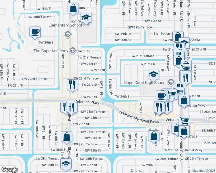 map of restaurants, bars, coffee shops, grocery stores, and more near 2316 Southwest 5th Avenue in Cape Coral